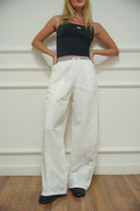 Layered wide-leg pants with contrast waistband and side pockets, detail — DWEGO