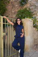 Women's wide-leg pants and fitted top two-piece set, front view on model — DWEGO