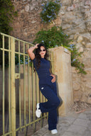Women's wide-leg pants and fitted top set, back view — DWEGO