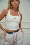 Women's padded square-neck crop top, back view — DWEGO