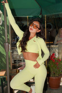 Women's one-shoulder sculpt three-piece set, front view on model — DWEGO
