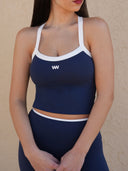 Cross-back bra and leggings co-ord, detail view — DWEGO