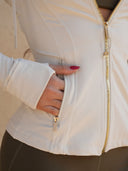 Beige sculpt-fit hooded zip jacket — DWEGO