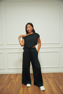 Women's relaxed drape two-piece set, back view — DWEGO