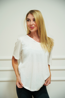 Women's open-back everyday tee, open-back crossover strap detail — DWEGO