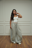 Balloon-fit wide-leg pants with drawstring waist, detail — DWEGO