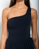 One-shoulder jumpsuit with wide-leg trousers in black — DWEGO