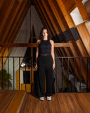 Wide-leg drape trousers, detail view — DWEGO