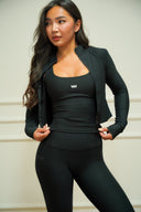Women's 3-piece activewear set with zip jacket, back view — DWEGO